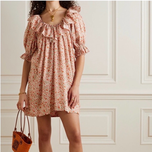 DÔEN Liberty Fabric Chime Floral Mini Dress Size M in Coral Poppy Boho Ruffles - Picture 13 of 13